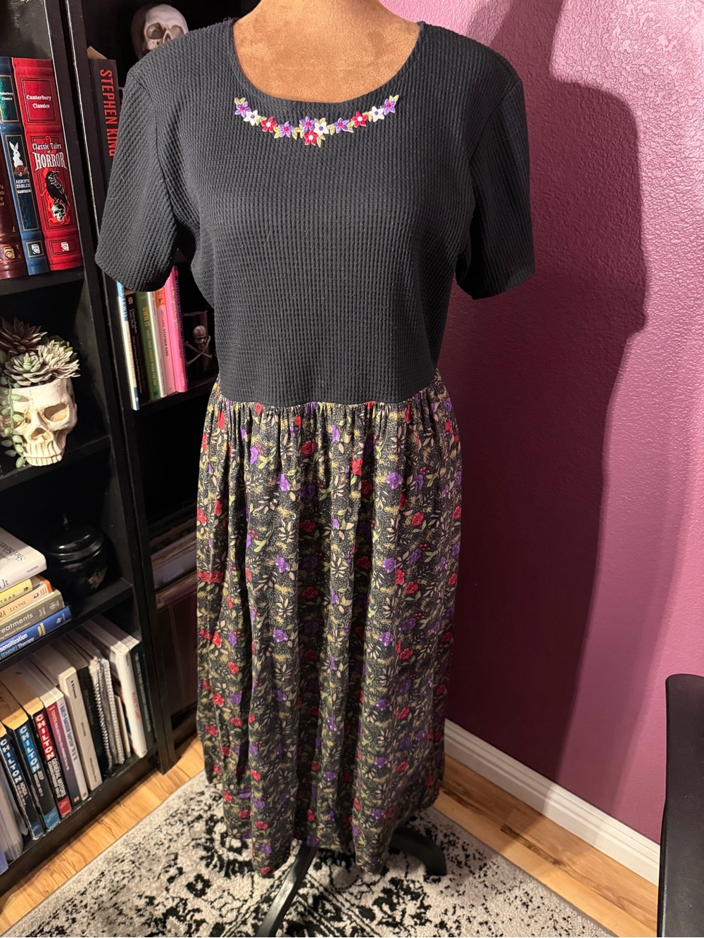 Vintage Notations Black and floral dress. Cottagecore, thiftchic, grannycore